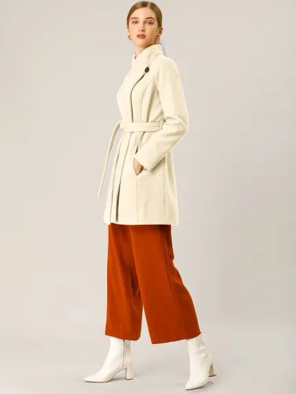 Allegra K- Classic Stand Collar Belted Long Coat