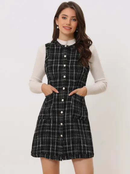 Allegra K - Robe chasuble boutonnée en tweed avec ceinture