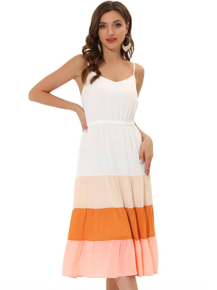 Allegra K- Spaghetti Strap V Neck Swing Chiffon Midi Dress