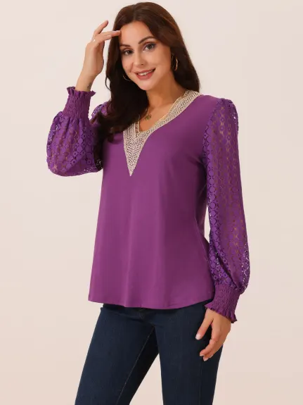 Allegra K - Lace V Neck Hallow Out Sleeve Blouse