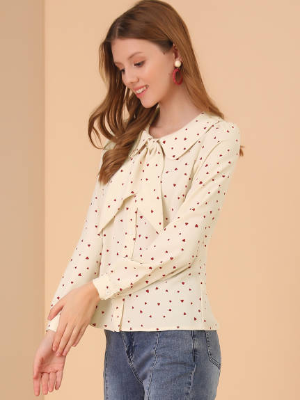 Allegra K- Bow Tie Collar Blouse Heart Print Shirt