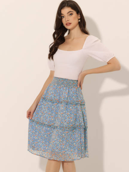 Allegra K- Floral Smocked Waist Ruffle Tiered Skirt