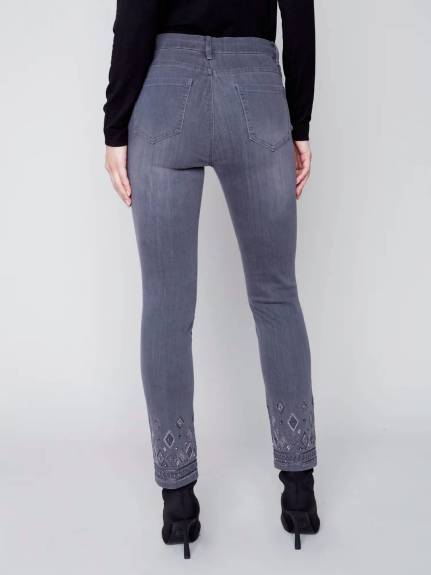 CHARLIE B - Medium Grey Straight Cut Embellished Denim Pant