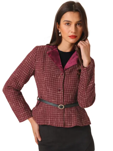 Allegra K- Blazer vintage à col cranté en tweed à carreaux avec ceinture