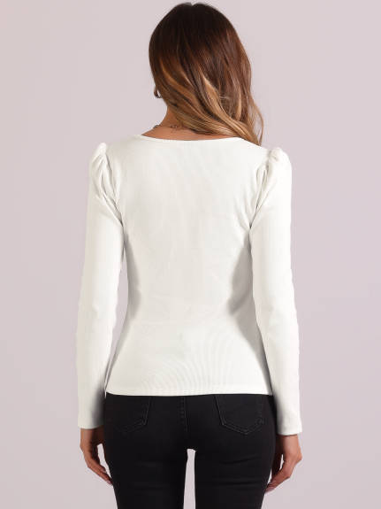 Allegra K - Square Neck Long Sleeve Ribbed Knit Top