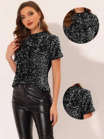 Allegra K- Velvet Crew Neck Short Sleeve Sequin Top