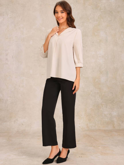 Allegra K - 3/4 Sleeve Ruched V Neck Blouse