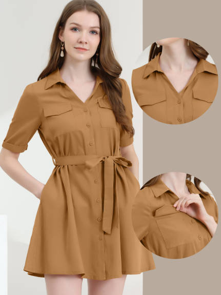 Allegra K- Turndown Collar Belted Shirt Dress with Pockets