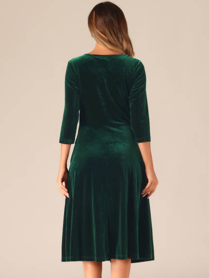 Allegra K - Velvet Crew Neck A Line Midi Dress