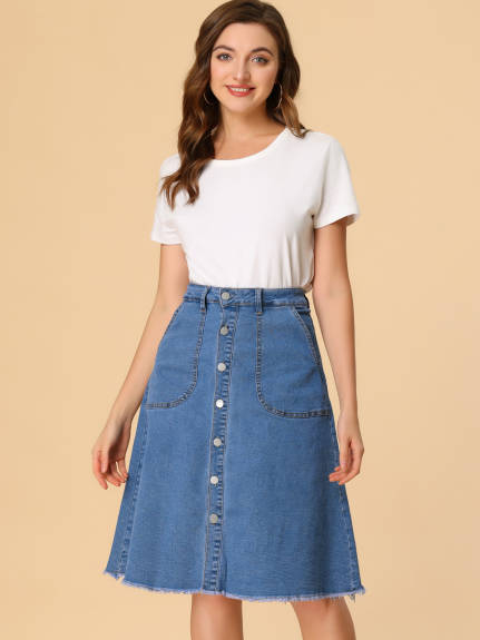 Allegra K- Raw Hem Button Down Denim Skirt