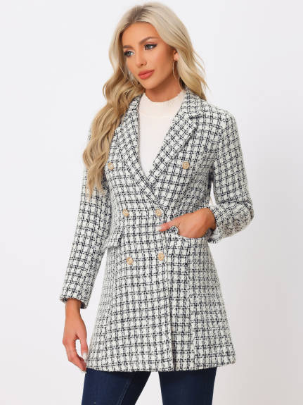 Allegra K - Manteau élégant en tweed à carreaux à double boutonnage