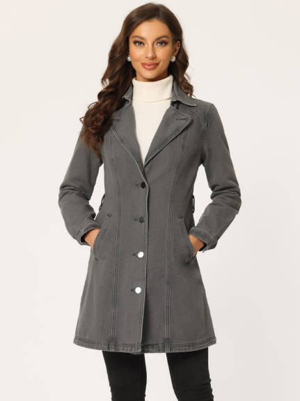 Allegra K- Notched Lapel Button Belted Long Denim Jacket