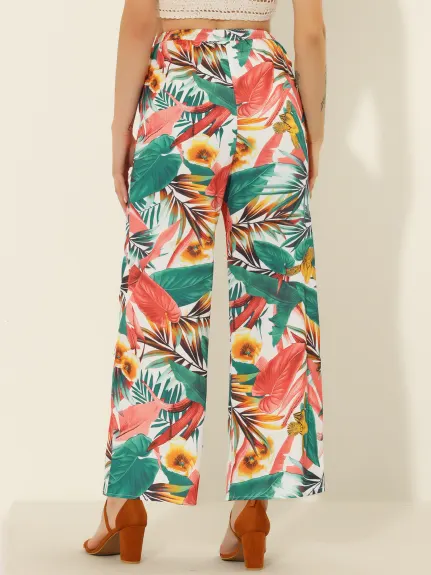 Allegra K- Drawstring Wide Leg Floral Beach Pants