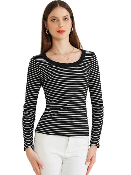 Allegra K - Stripe Scoop Neck Long Sleeve Casual Top