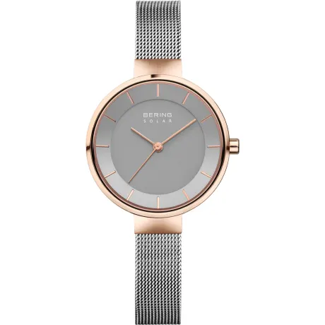 BERING - Montre solaire pour femme en acier inoxydable de 31 mm en or rose/violet