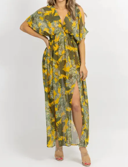 OLIVACEOUS ROBE LONGUE À ÉPAULES FROIDES