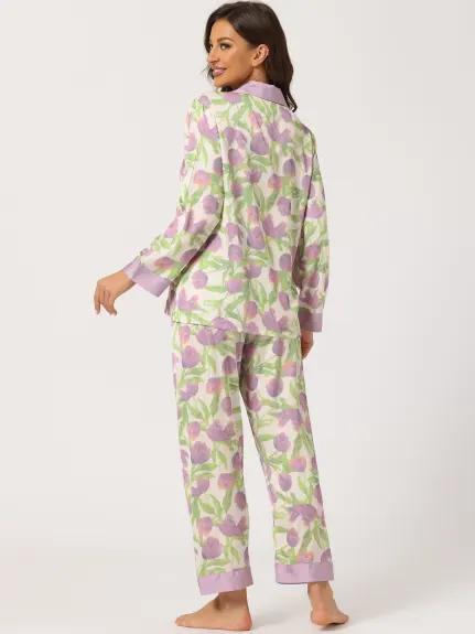 cheibear - Floral Button Down Silk Sleepwear 2pcs Set