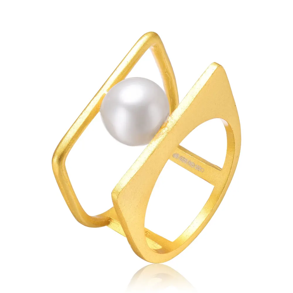 Genevive 14k Gold Plated with White Genuine Freshwater Pearl Double Band Geometric Square Stacked Ring, Sz 7