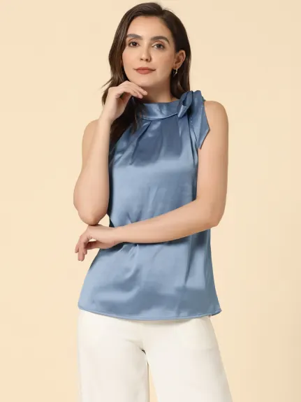 Allegra K - Satin Sleeveless Tie Neck Work Blouse