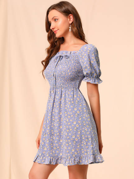 Allegra K- Puff Sleeve Square Neck Ruffled Hem Floral Smocked Dress