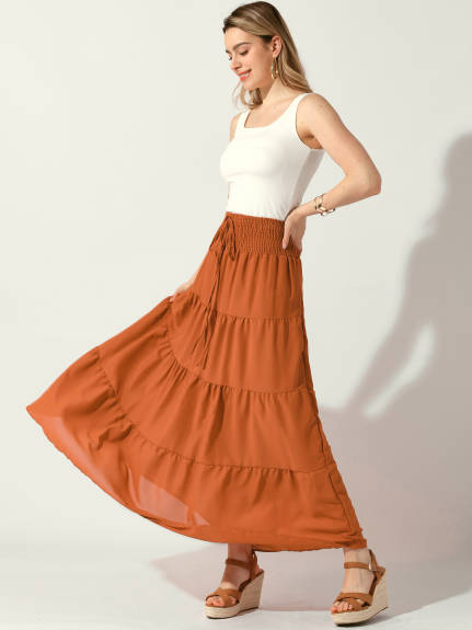 Allegra K - Smocked Waist Tiered A-Line Maxi Skirt