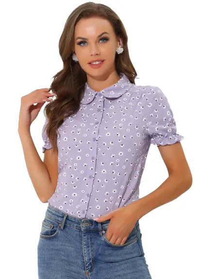 Allegra K - Frilled Short Sleeve Floral Cotton Shirt