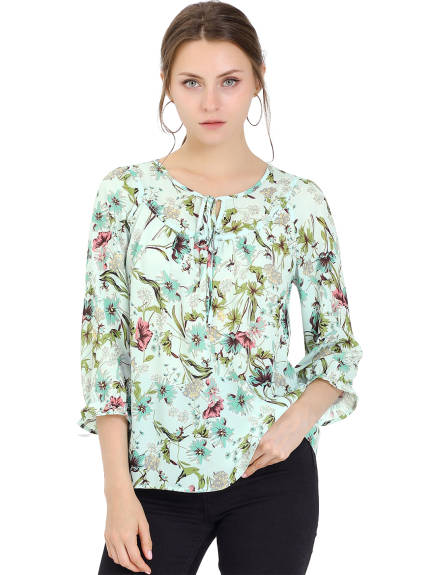 Allegra K- Tie V Neck Ruffled 3/4 Sleeve Floral Blouse