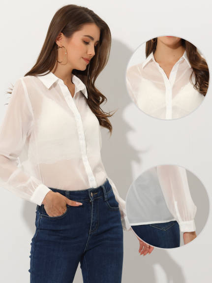 Allegra K- Button Up See Through Mesh Shirt