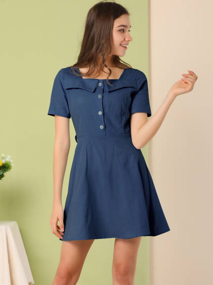 Allegra K- Square Neck Tie Waist Shirt Dress