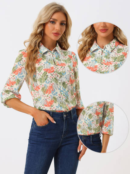 Allegra K- Collared 3/4 Sleeves Leaves Print Top