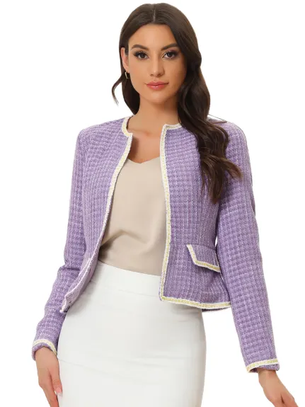 Allegra K- Plaid Tweed Open Front Short Blazer