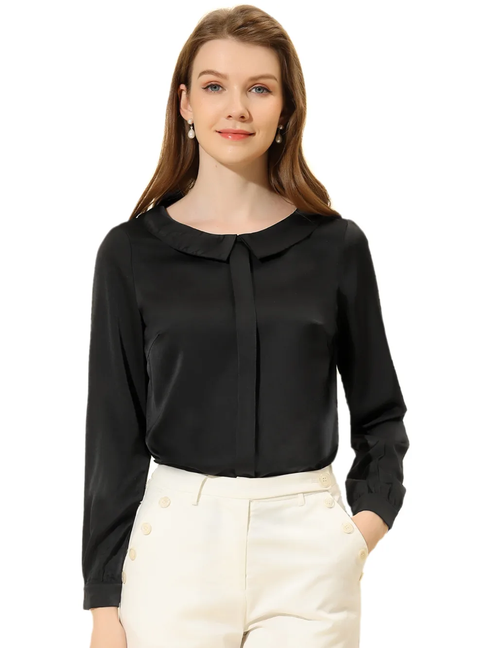 Allegra K- Peter Pan Collar Faux Placket Satin Shirt