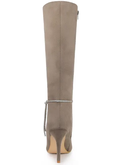 Allegra K - Rhinestone Stiletto Heels Knee High Boots