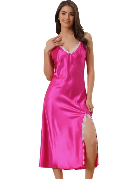 cheibear - Silky Split Hem Satin Lingerie Nightgown