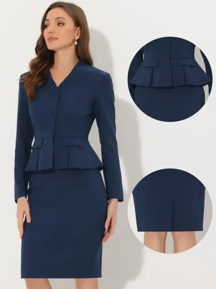 Allegra K - Collarless Peplum Blazer Skirt Business Suit