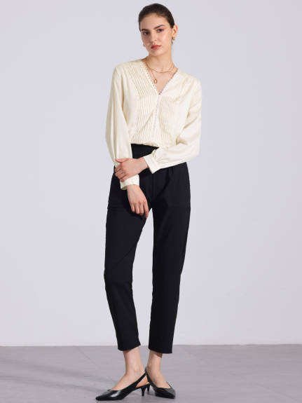 INSPIRE CHIC - V Neck Pleated Front ong Sleeve Blouse