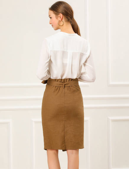 Allegra K - Button Decor Split Belted Pencil Skirt