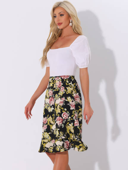 Allegra K- Floral Ruffle A-Line Split Midi Skirt