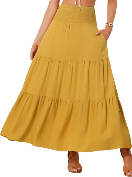 Allegra K- Elastic High Waist Boho Tiered Summer Maxi Skirt