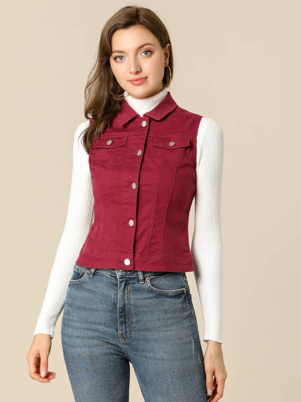 Allegra K- Washed Denim Buttoned Vest with Flap Pockets