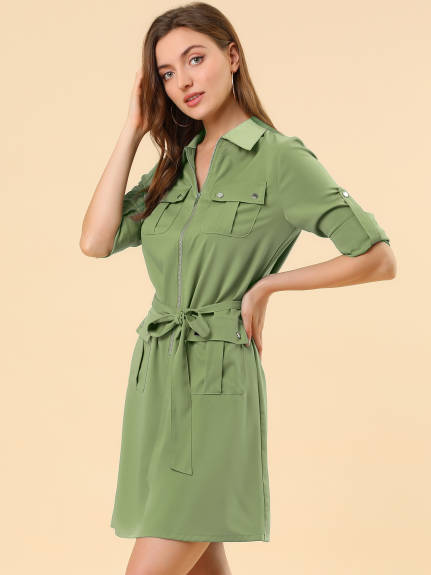 Allegra K- Roll-Up Sleeve Multi-Pocket Belted Shirt Dress