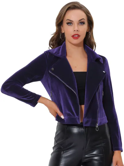 Allegra K- Velvet Zipper Lapel Collar Moto Biker Jacket