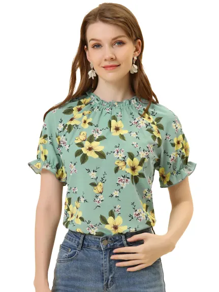 Allegra K- Floral Short Sleeve Ruffle Neck Blouse