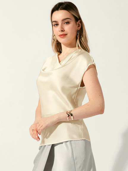 Allegra K - Cowl Neck Short Sleeve Satin Top