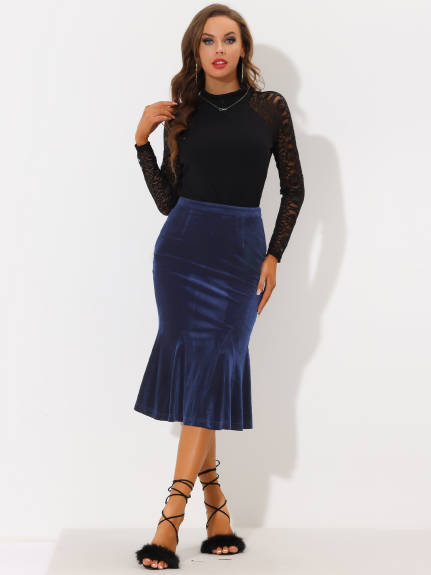 Allegra K- Elastic Waist Velvet Fishtail Bodycon Skirt