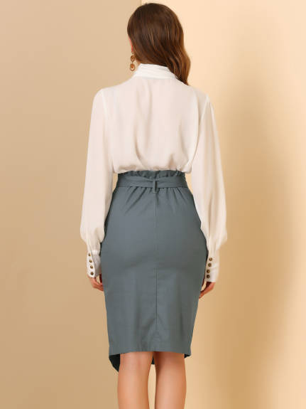 Allegra K - Button Decor Split Belted Pencil Skirt