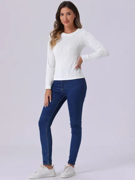 Allegra K - Solid Round Neck Long Sleeve Blouse