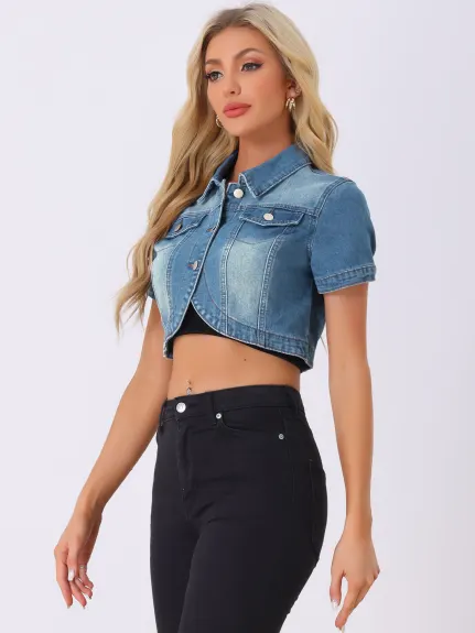 Allegra K- veste femme manches courtes en Jean Crop en Denim