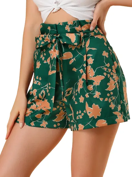 Allegra K - Summer High Waist Floral Paper Bag Shorts