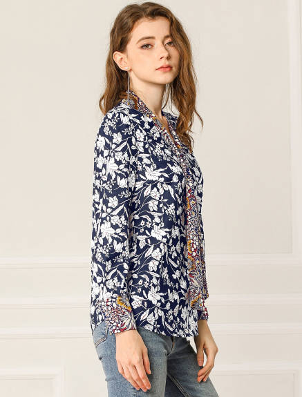 Allegra K- Bow Tie Long Sleeve Contrast Color Floral Blouse